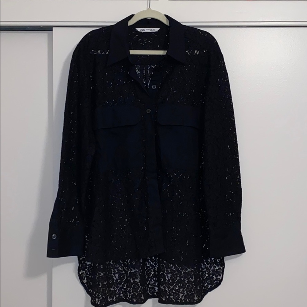 Zara black lace shirt with pockets button down top